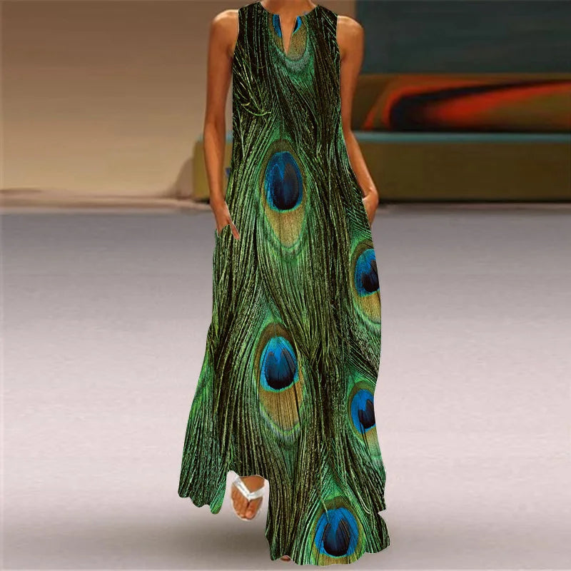 Retro Party Style Robe Holiday V Collar Sexy Feather Printing Dresses Elegant Women's Boho Beach Faldas Largas Vestidos Robe