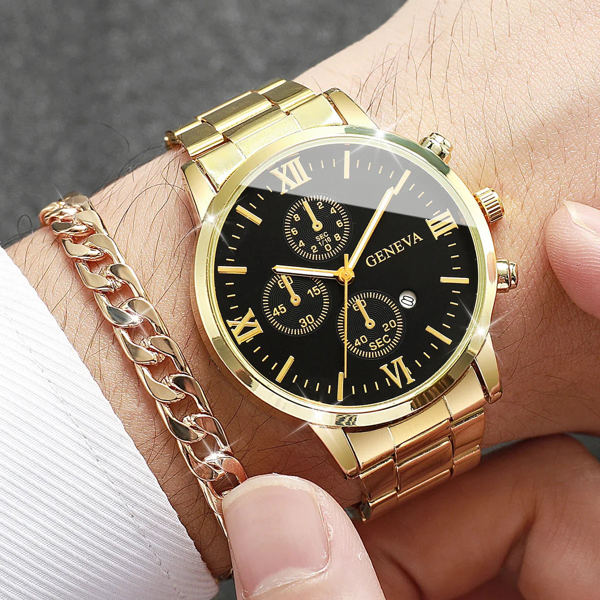 4pcs/set Men's Watch Bracelet Necklace Ring Set   (No Box)