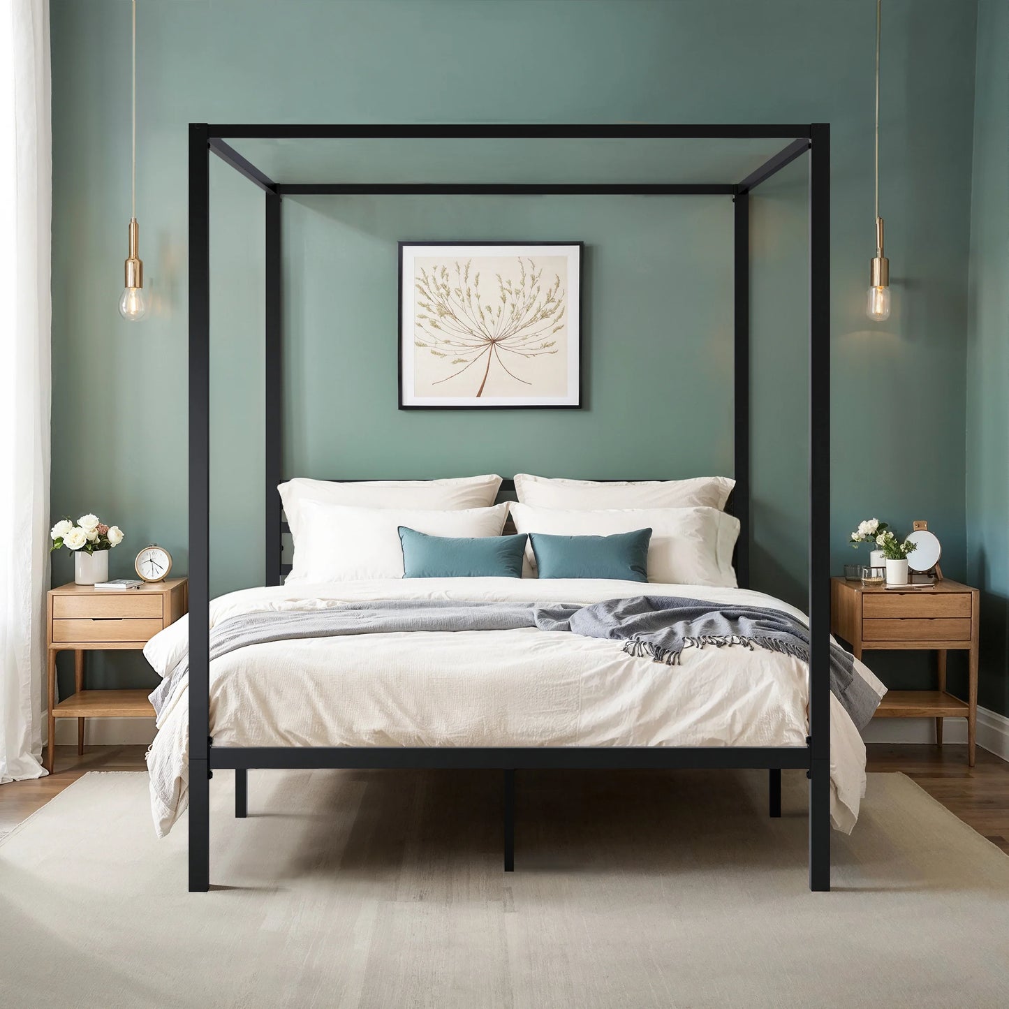 Canopy Bed Frame 4-Poster 3-Metal Crossbar, No Box Spring Needed