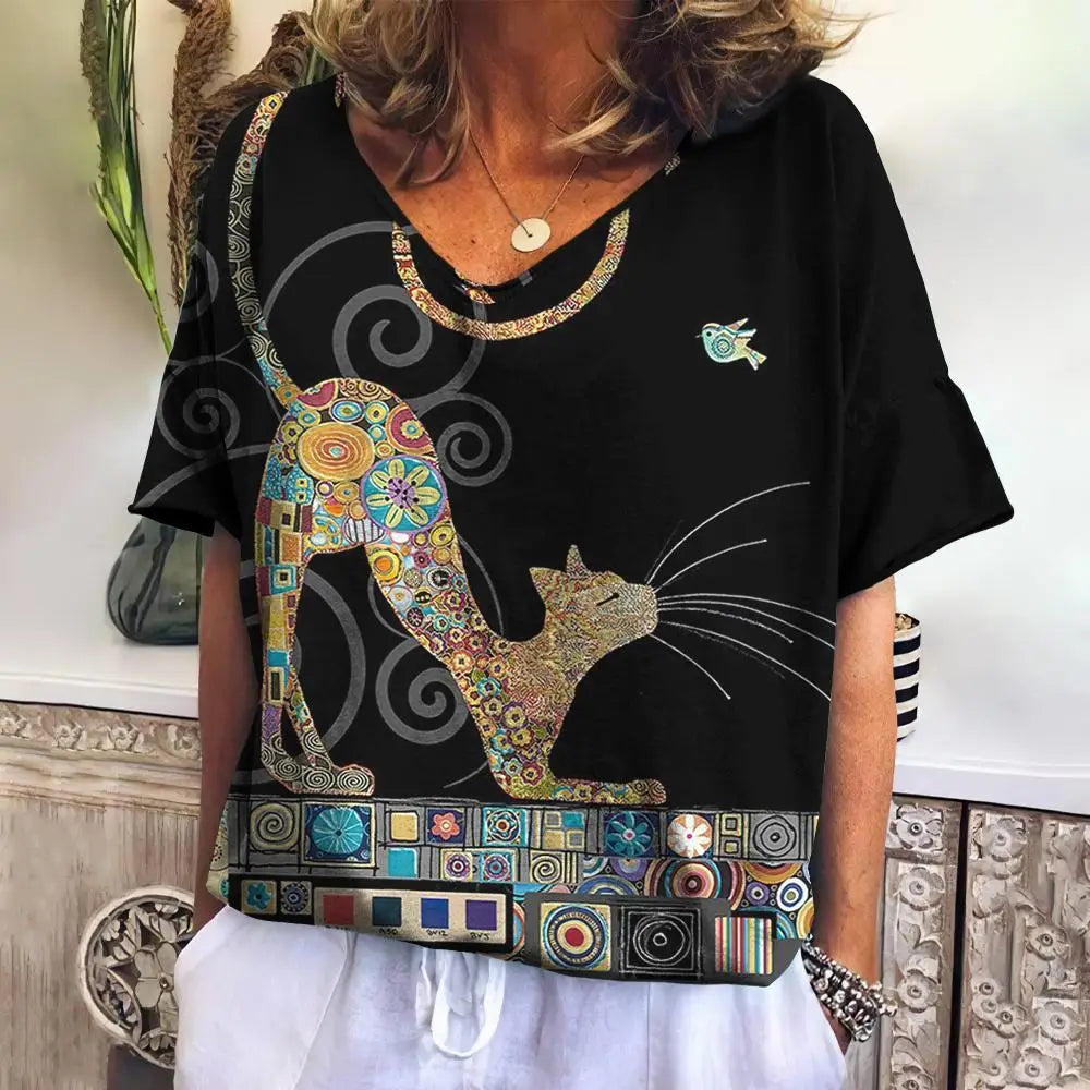Women's T-shirt 3d Cute Cat Print V-neck Tops Summer New Kawaii Animal Short-sleeved Fashion Loose Large Size Women's Tops