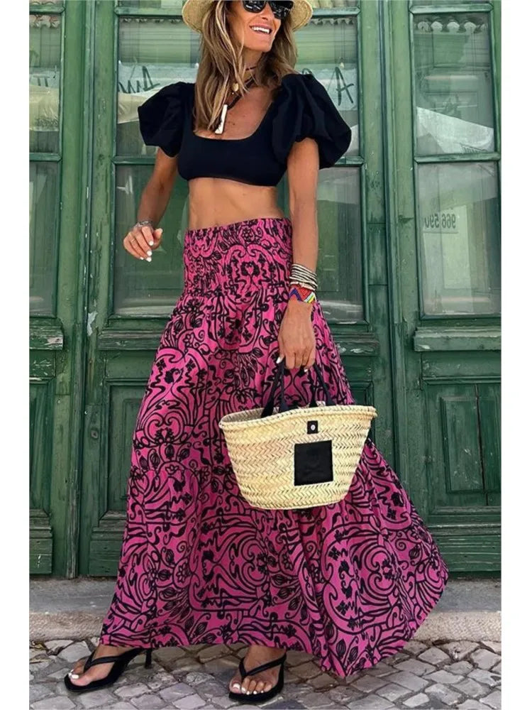 Printed Skirt Women 2023 Summer New Fashions Casual Beach Long Party Loose Ladies Vacation A Line Skirts Elegant Bohemian MsChuh