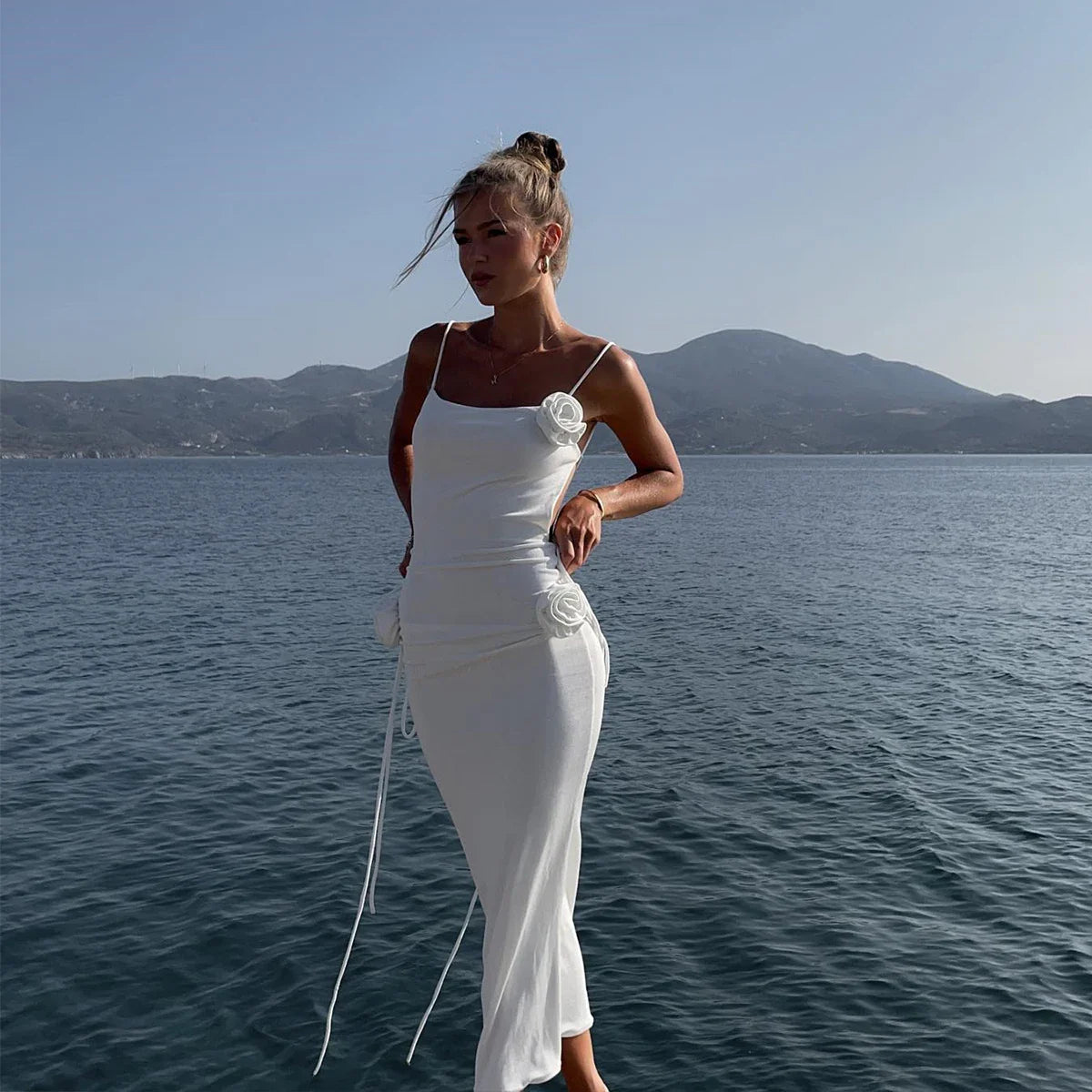 3D Floral Lace Up Backless Cover Up For Women Beach dress High Slit Hollow Out Dress 2023 Summer Sexy Beach Vacation Outfit