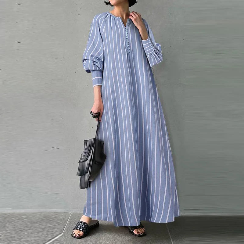 Women's 2023 Cotton Linen Stripe Round Neck Long Sleeve Simple Loose Long Pullover Dress Vintage Elegant Women's Dress Robe
