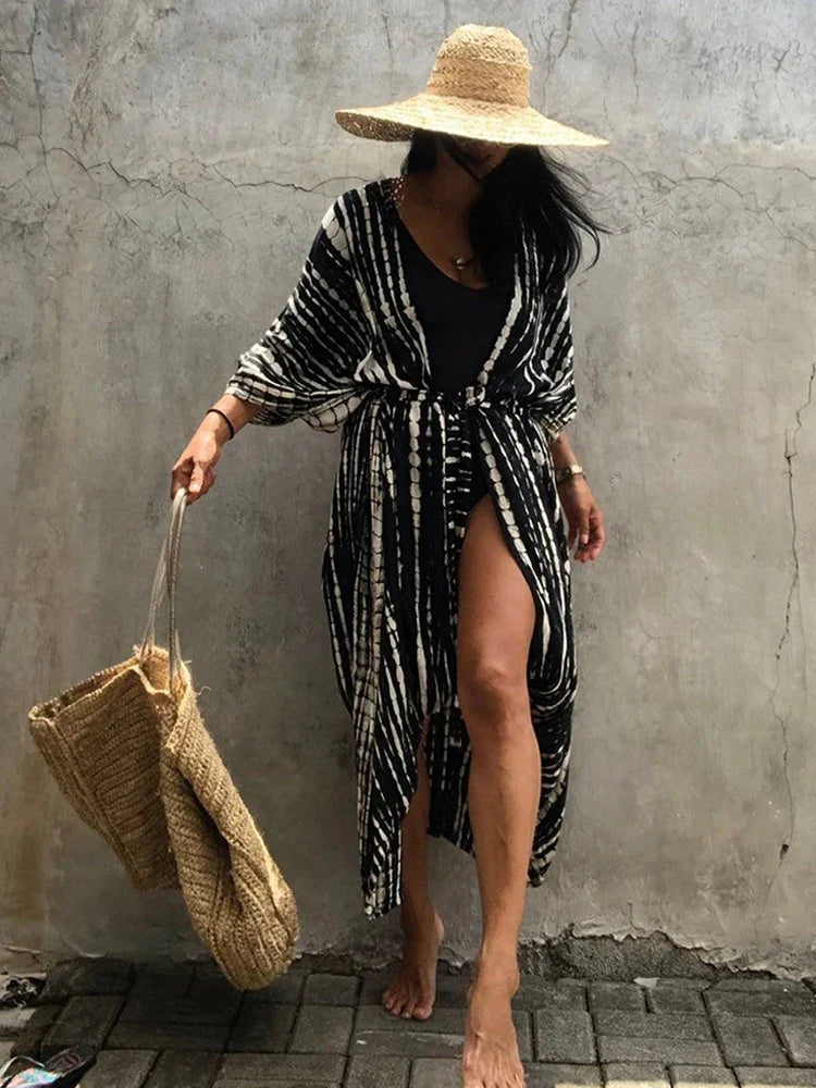 2024 Women Swimsuit Cover Up Sleeve Kaftan Beach Tunic Dress Robe De Plage Solid White Cotton Pareo  High Collar Beachwear