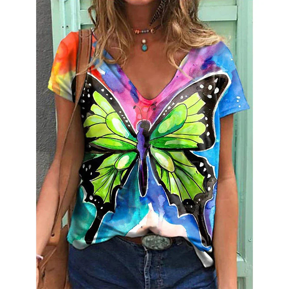 Women's T-shirts Fashion Tops V-neck Colorful Butterfly T Shirt Female Short Flowers Print Casual Tees Summer Oversized Clothes