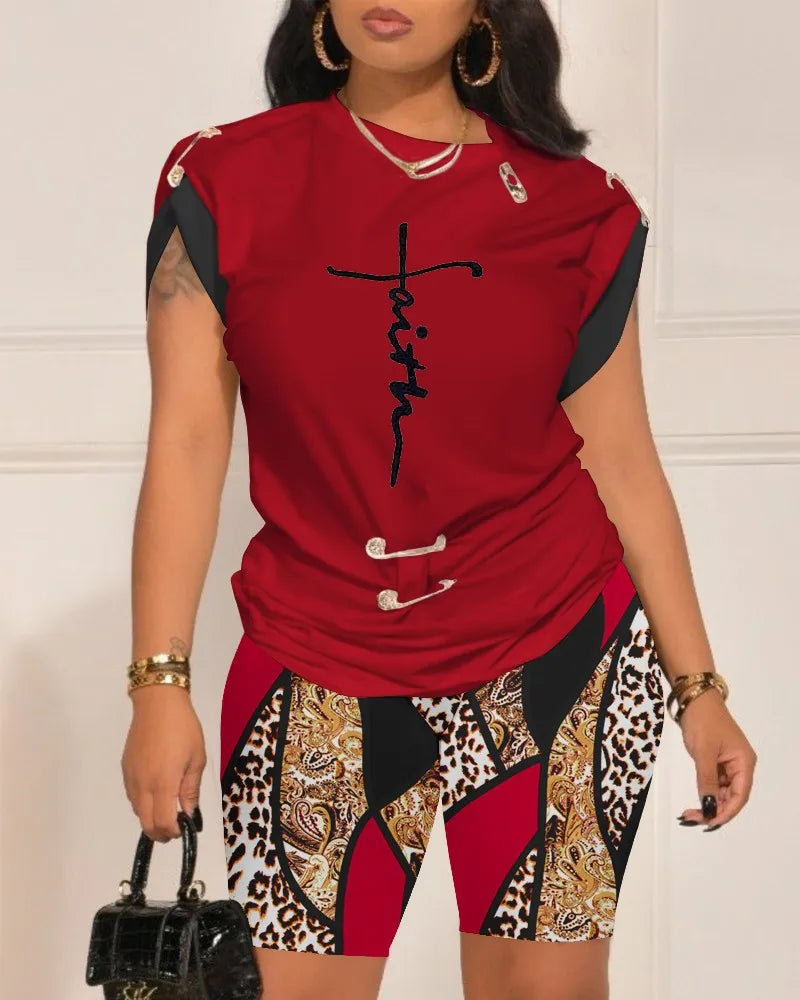 Women's Tops Tees+Shorts Sets Casual 2-piece Combination 2023 Summer Fashion Pin Print T-shirt Shorts  Suit S-XXXL