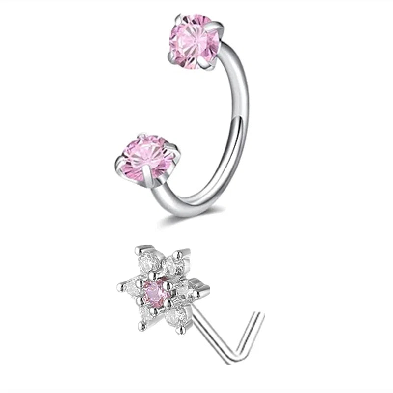 6/2pcs Horseshoe Nose Rings With L-Shape Nose Stud, Stainless Steel Rianbow CZ Nose Ring,, Lip Eyebrow Helix Ear Piercing