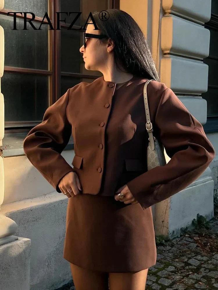 TRAFZA Women Minimalist Coat Mini Skirt Sets 2024 Fashion Balloon Pattern Jacket Suit 2 Piece Sets Female Elegant Modern Outfit