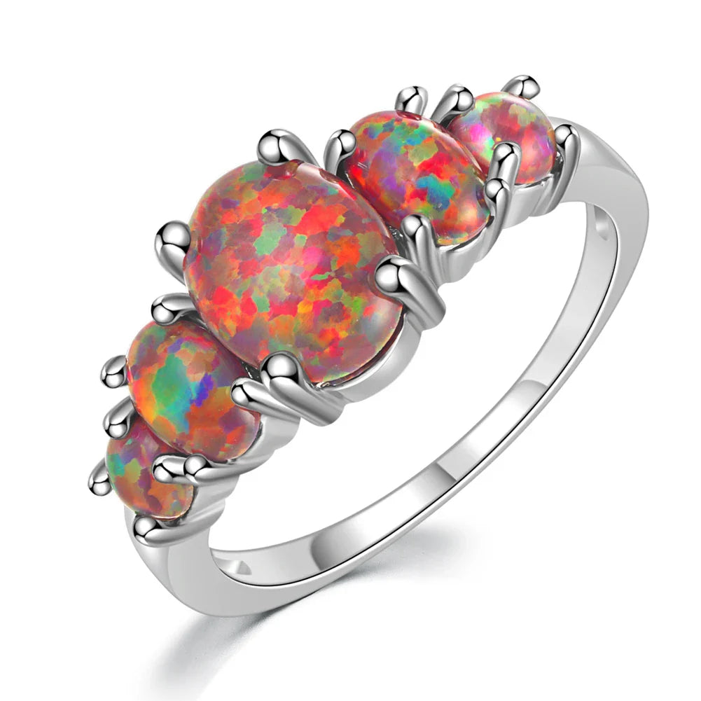 CiNily White & Orange & Blue Fire Opal Filled Rings With Round Stone Silver Plated Luxury Big Bohemia Boho Summer Jewelry Woman