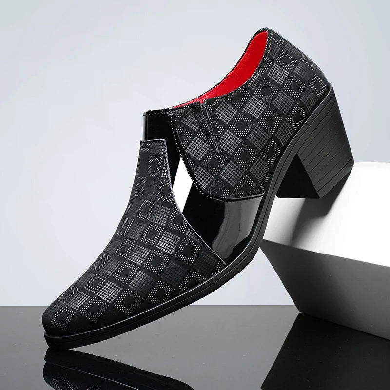 Red PU Leather Business Suit High Heels Men's Shoes Pointed Toe Slip-on Elegant Party Wedding Shoes Thick Sole Boots for Man