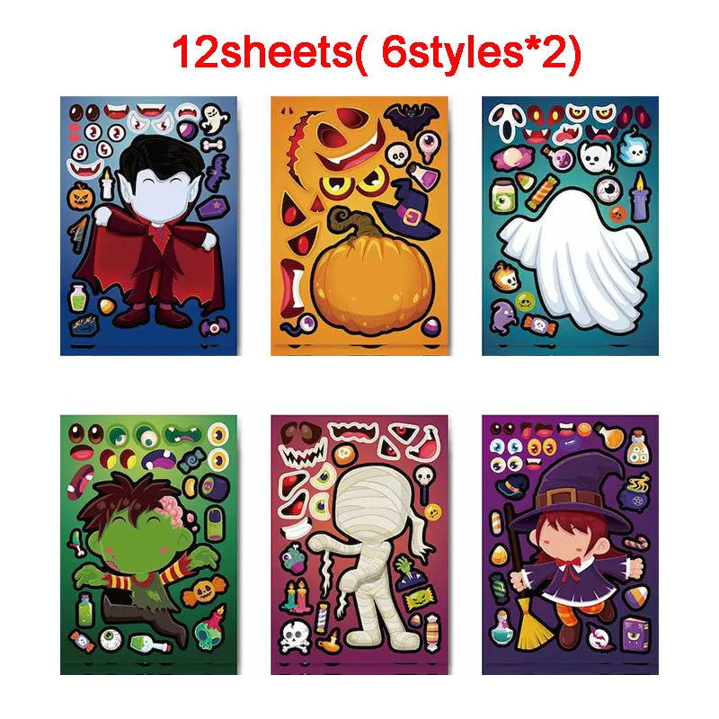 Halloween Party Favors Stickers for Kids 6-24sheets DIY Ghost Witch Mummy Make A Face Stickers Children Toddles Puzzle Jigsaw