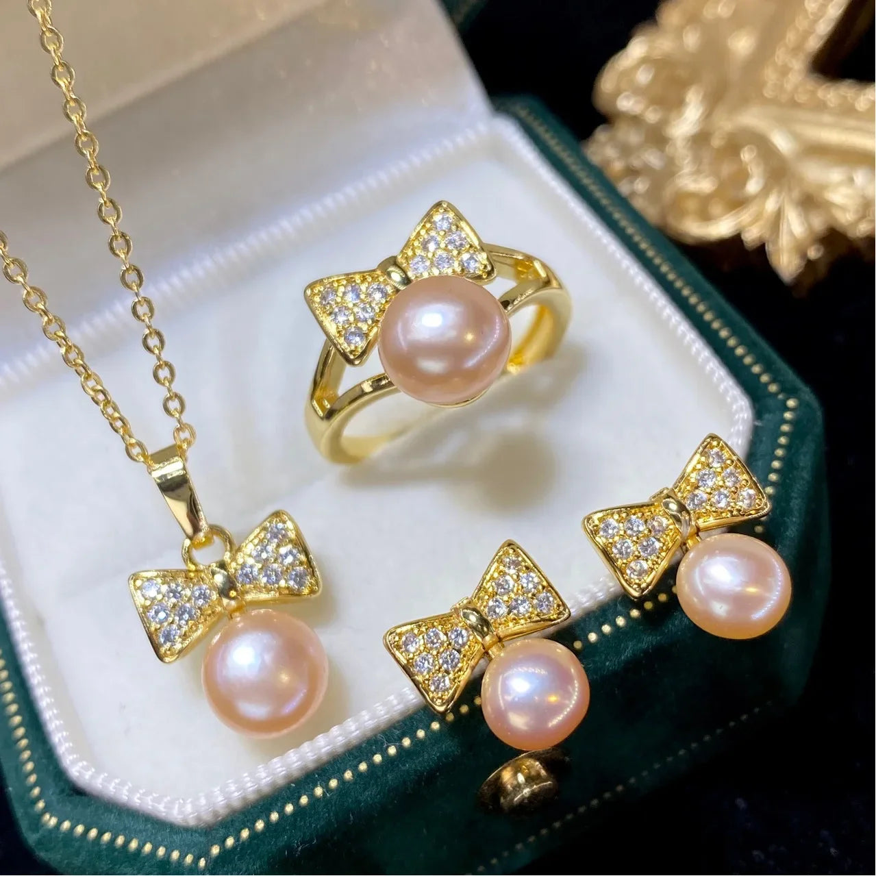 one set freshwater pearl pink 6-8mm pendant /earrings/Ring  zircon bowknot pendant