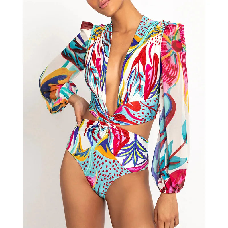 Long sleeve one piece swimsuit for big breast female swimwear 2024 big size bathing suit high waisted cut out sexy floral bikini