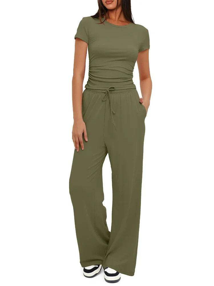 Summer Solid Loose Casual Tracksuit Women's Two Pieces Set O Neck Short Sleeves T-shirts and Wide Leg Pants Sets Sportswear Set