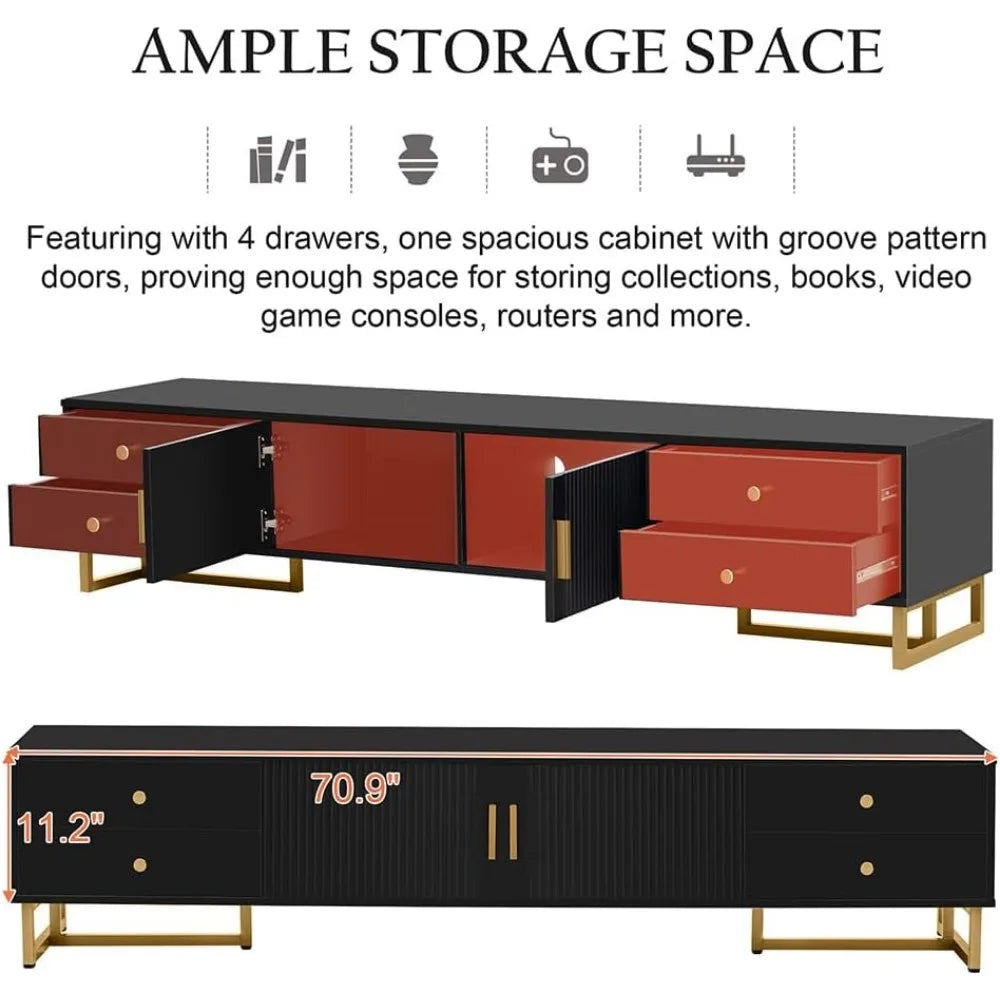 71" Fluted TV Stand, Modern Low Stand for TVs up to 80 Inches, Entertainment Center with Storage and 4 Drawers