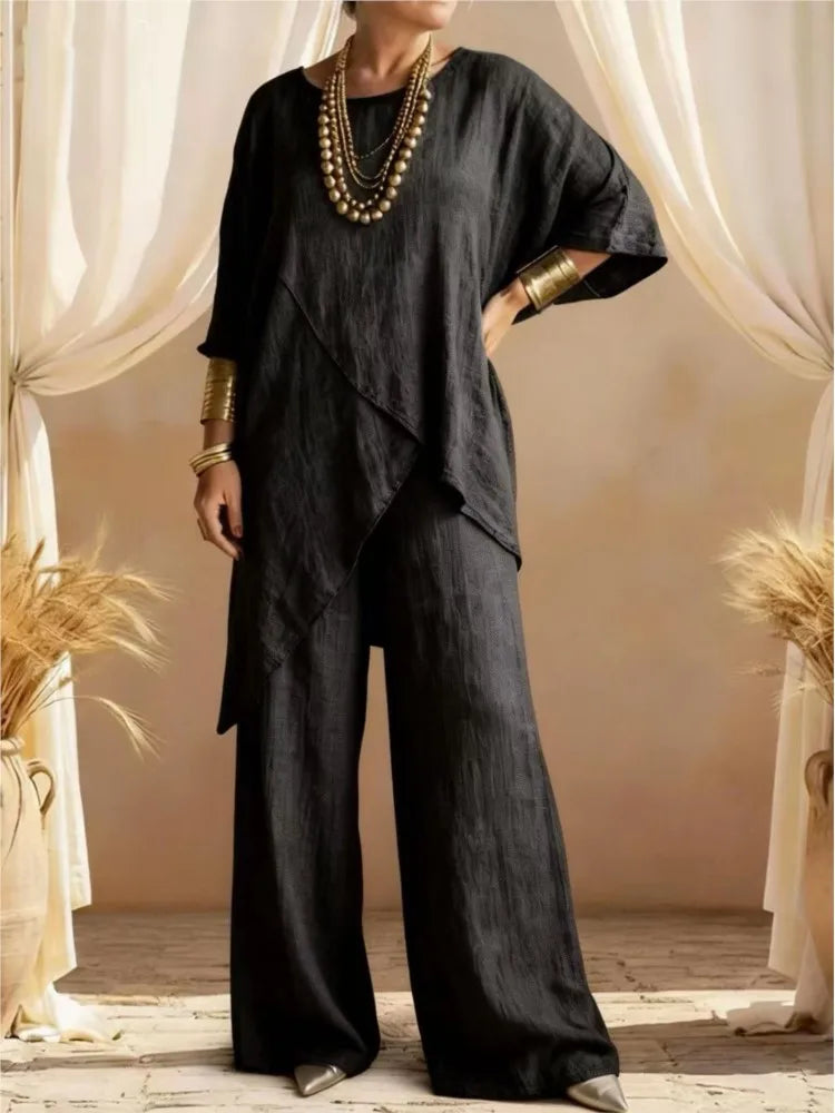 2026 Fashion Loose Women's Matching Sets Casual Half Sleeve Loose Tops And Wide Leg Pants 2 Piece Outfits Woman