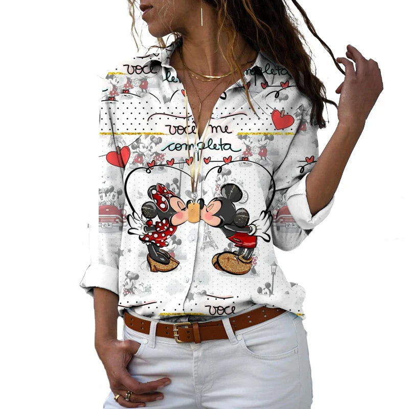 New 2024 Disney Harajuku Slim Fit 3D Print Women's Button Up Long Sleeve Lapel Mickey Minnie Casual Cute Shirt y2k