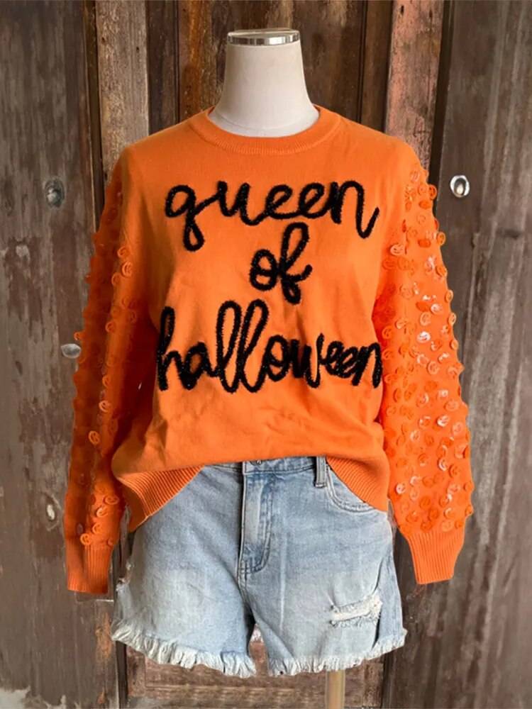 Women Letter Embroidered Sequin Sweater Halloween University Sweatshirts  Funny Party Spooky Academy Fall Pullover Sweatshirt