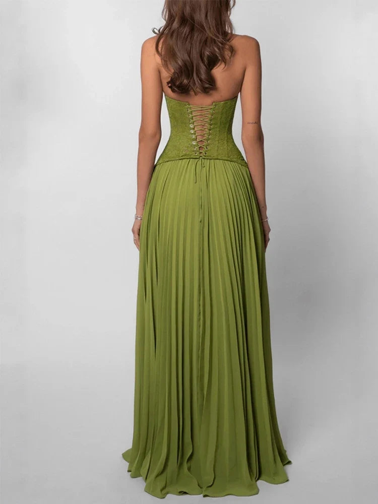 Green Corset Halter Long Dress Women Backless Off Shoulder Pleated Patchwork Slim Maxi Dress 2026 Summer Lady Party Evening Gown