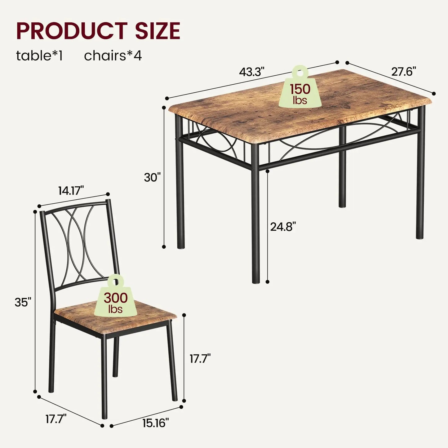 Kitchen Table and Chairs for 4with  Metal and Wood Rectangular Table