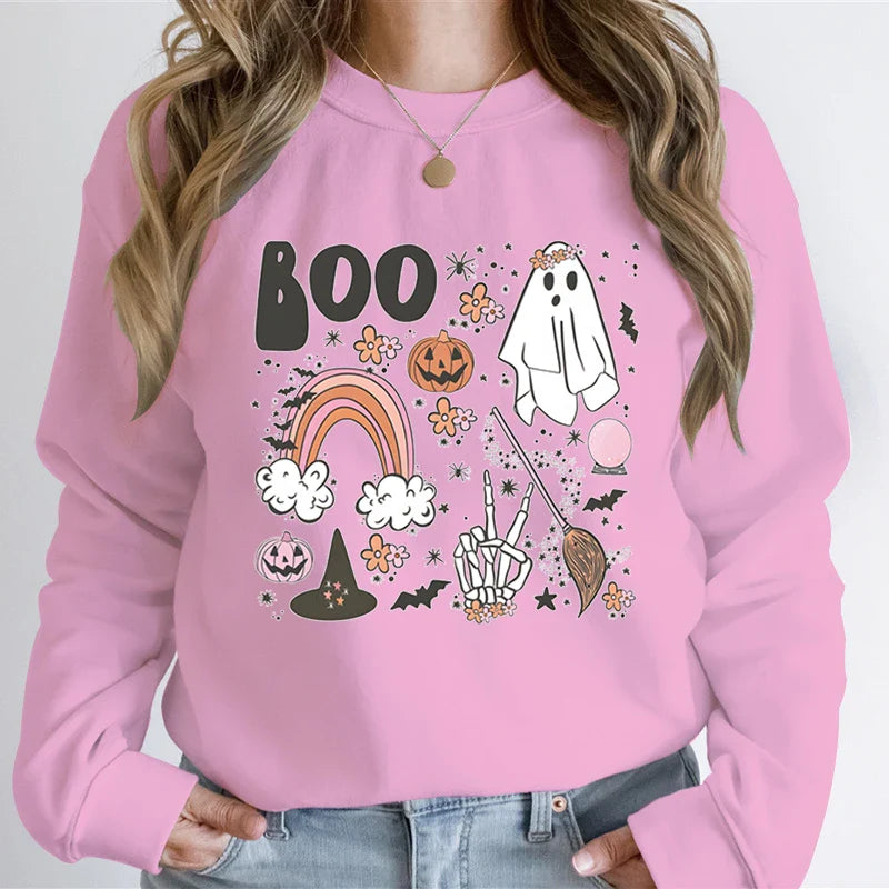 Halloween Ghost Sweatshirt Women Pumpkin Skeleton Hand Graphic Funny Hoodies The Boo Pumpkin Ghost Vintage Halloween Sweatshirt