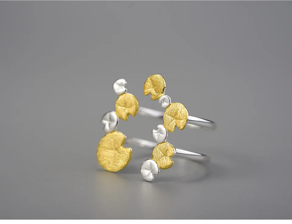 Lotus Fun Elegant Water Lily Leaves Double Layer Adjustable Rings for Women 925 Sterling Silver Luxury Designer Fine Jewelry