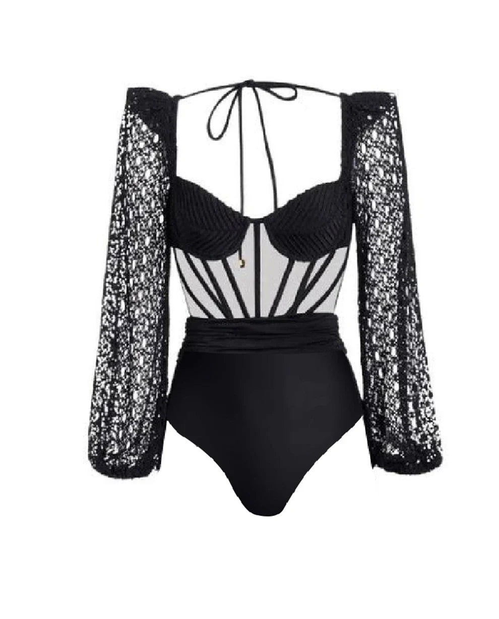 Luxury Crochet Skirt Long Sleeved Swimwear Solid Color Beachwear Beach Export Women'S Party Exclusive Fashion Split Swimsuit