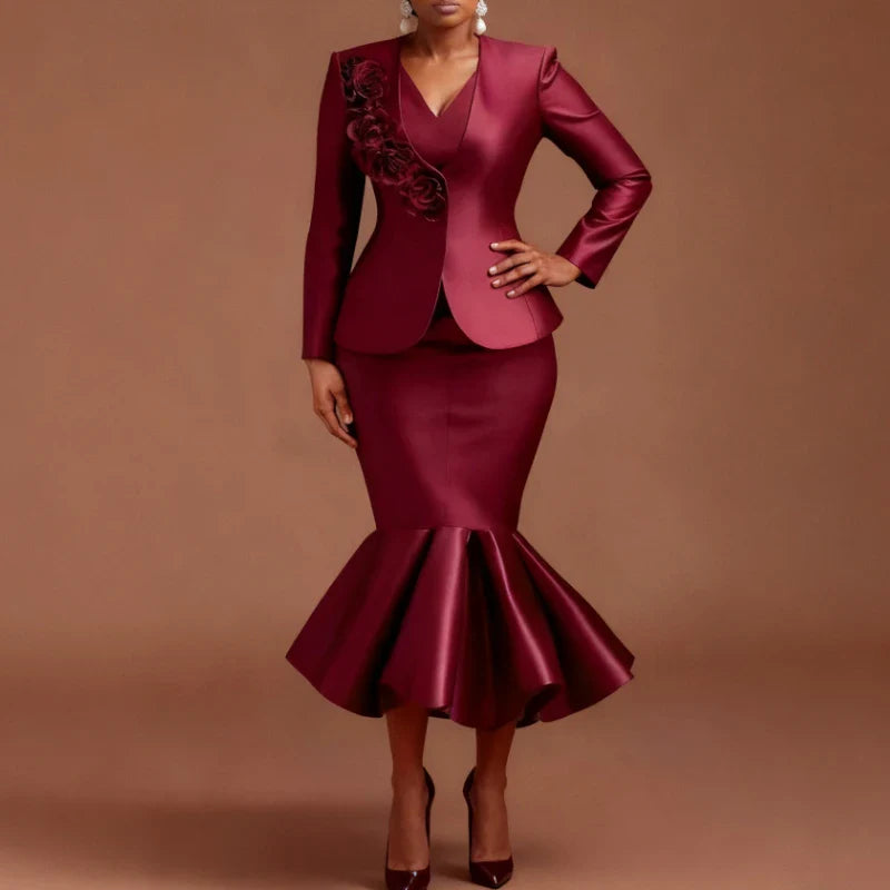 Women Shiny Two Pieces Set Office Ladies Blazer Coats 3D Flowers Inner Tank Dresses Mermaid Work Wear Autumn Fashion Business