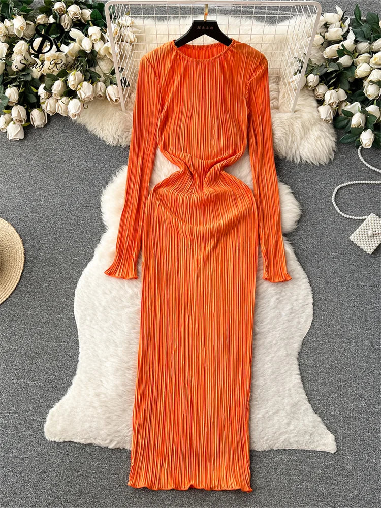 SINGREINY Solid Pleated Long Dress O Neck Full Flare Sleeves HIgh Elastic Female Skinny Fashion Autumn Retro Bodycon Party Dress