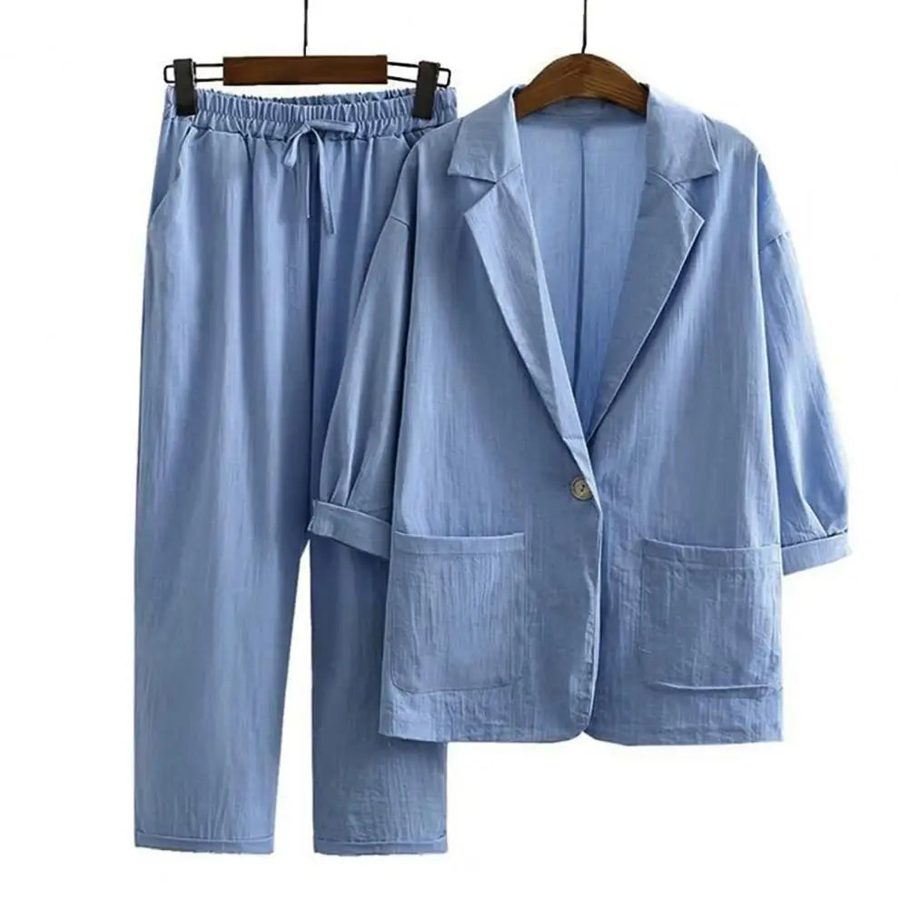 Women's cotton and linen 2-piece suit jacket trousers Spring and autumn loose fashion casual cotton and linen suit top set