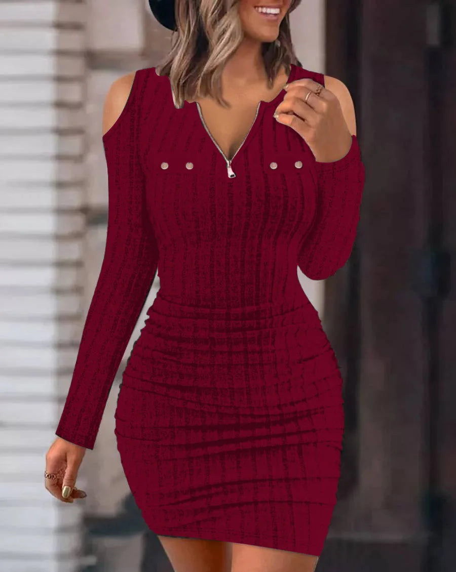 Fashion Woman Dress 2024 Autumn Winter Cold Off Shoulder Zipper Ribbed Casual Plain Long Sleeve Bodycon Mini A Line Dresses