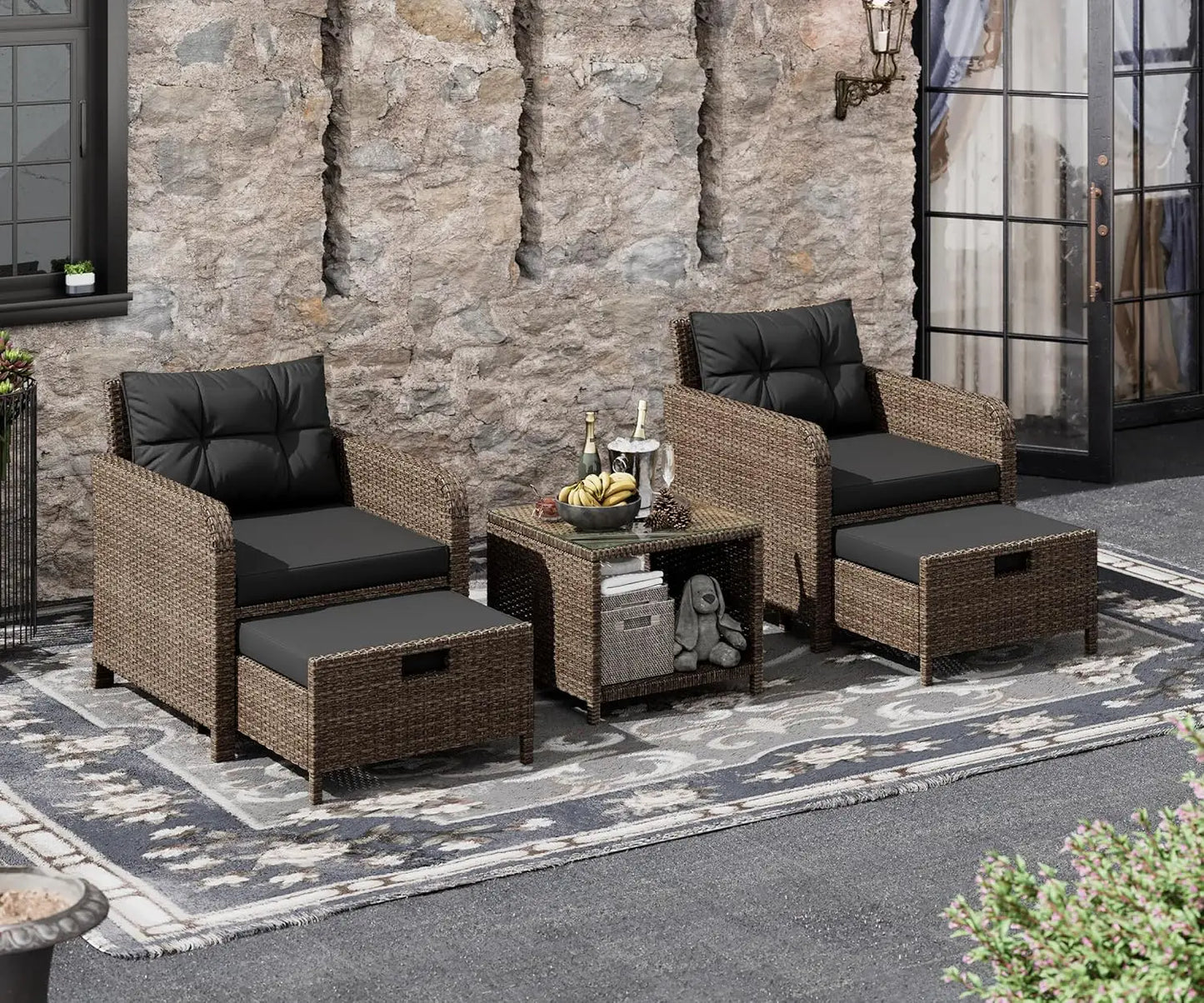 5 Piece Patio Conversation Set, PE Wicker Rattan Outdoor Lounge Chairs with Soft Cushions 2 Ottoman&Glass Table for Porch, Lawn