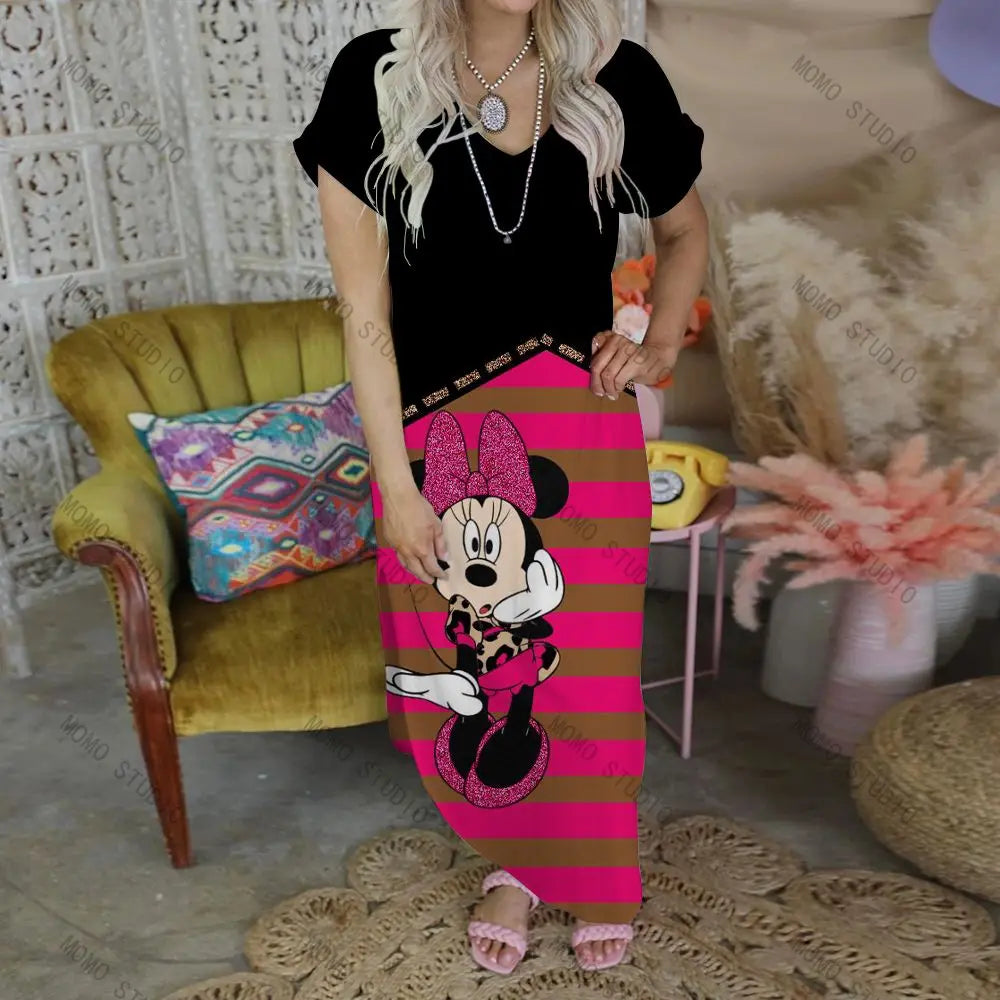 Leisure Sexy Dress Disney Casual Summer Women's Dresses V-Neck Long Minnie Mouse Maxi Cartoon 2022 Mickey Y2k Clothes Robe Woman