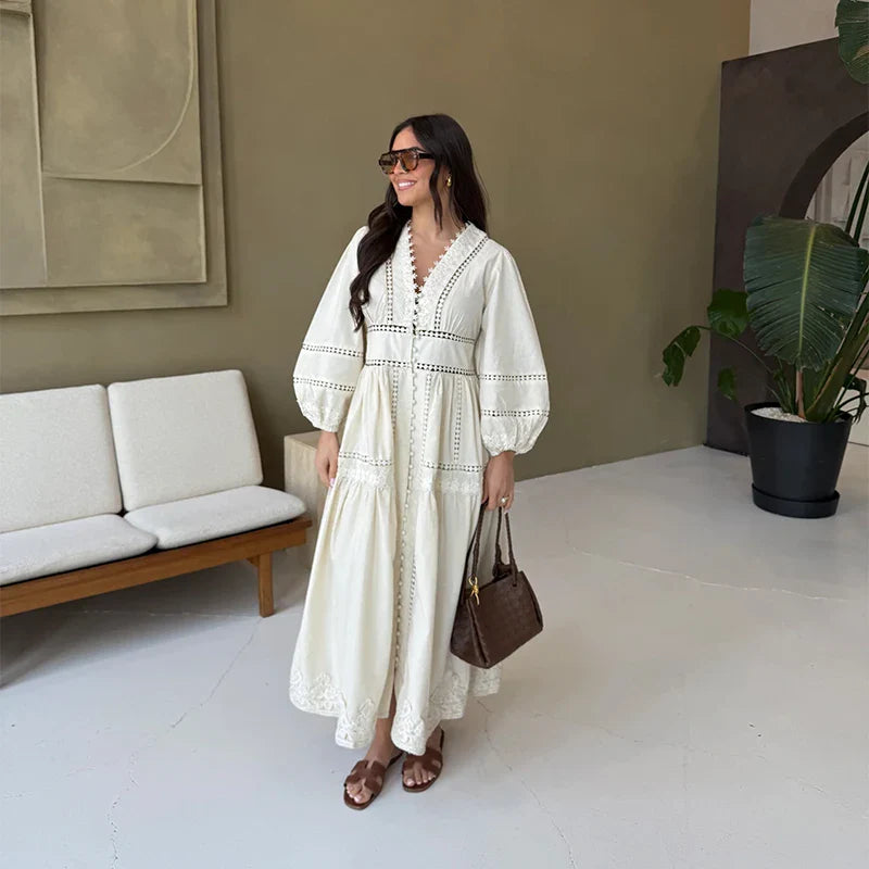 Elegant Lace Hollow Out Women's Long Dress Solid V-neck Patchwork Puff Sleeve Bodycon Dressess Female 2025 Spring New Lady Robes