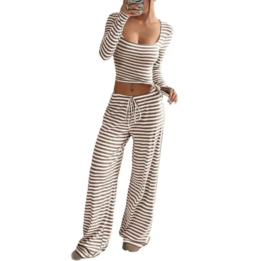 Women's Striped 2 Piece Outfits Long Sleeve Square Neck Cropped Top Drawstring Wide Leg Pants Set Casual Lounge Lady Sweatsuits