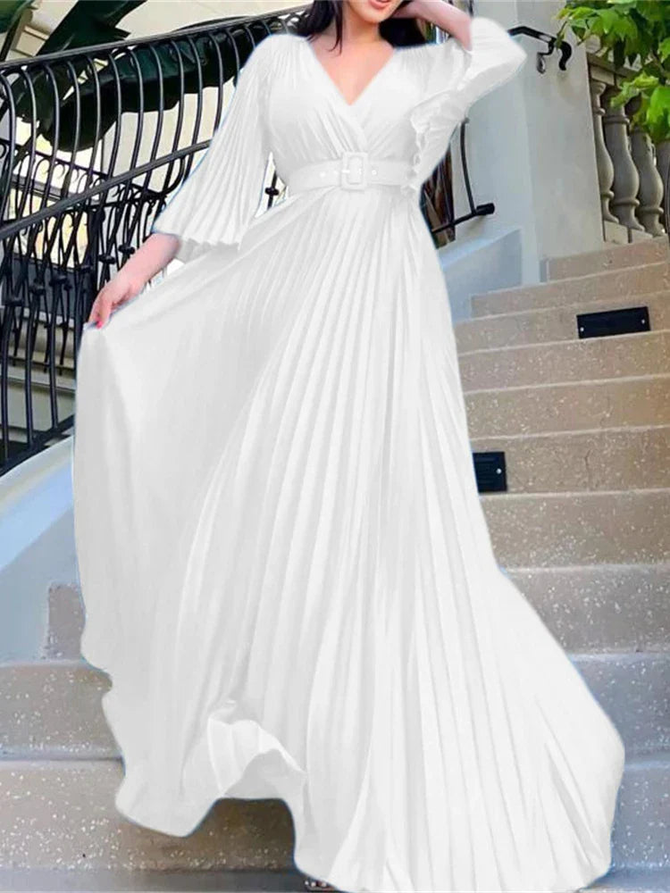 Sexy V-Neck Pleated Dinner Party Dress Women Yellow Elegant with Belt Long Sleeve Robe Femme African Maxi Red Vestido
