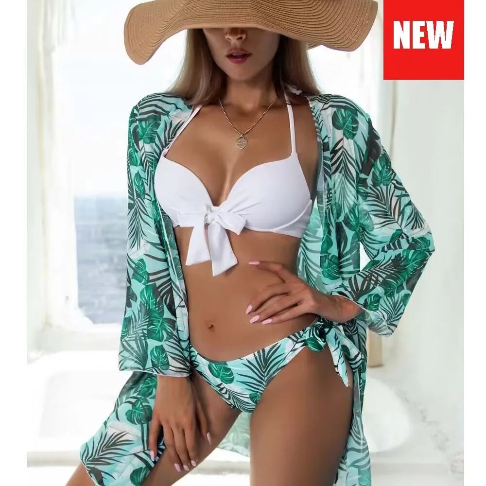 Three Pieces Bikini Set Cover Up Women New Push Up Twist Swimsuit Print Long Sleeve Swimwear Biquini Bathing Suit Summer