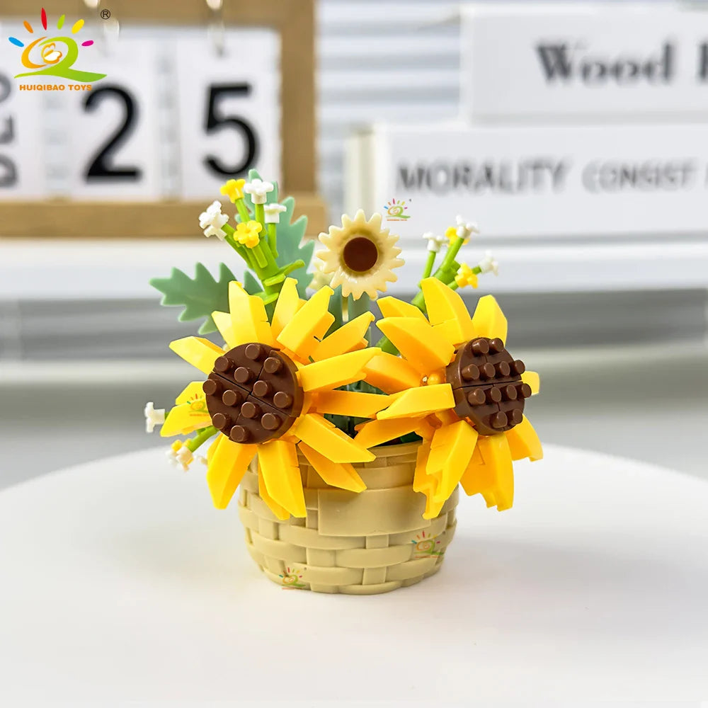 HUIQIBAO Eternal Flower Model Bouquet Potted Plant Micro Building Blocks MOC DIY Home Desk Decoration Brick Toy For Children