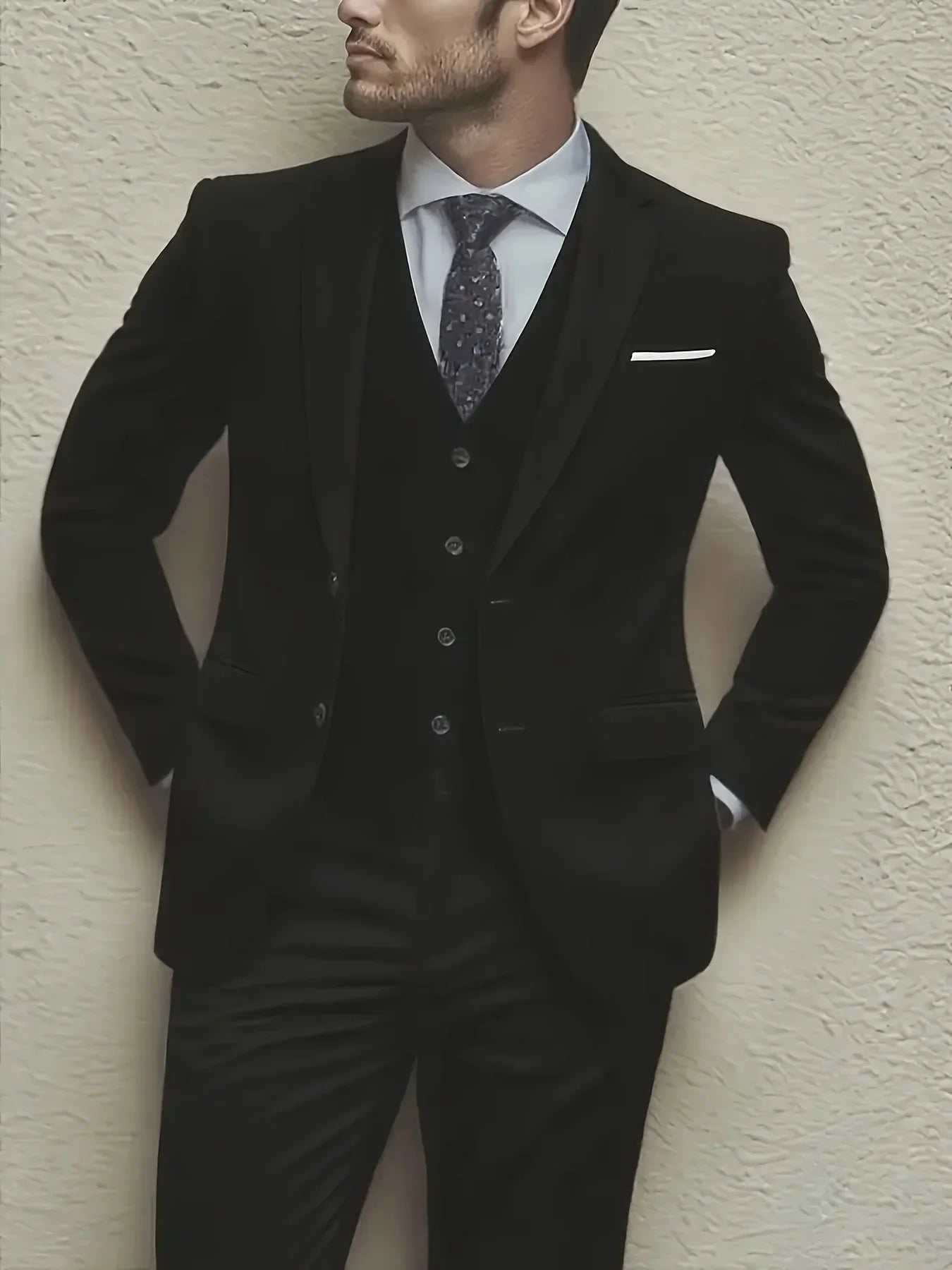 Men 3pcs Suit Set, Jacket + Vest + Pants, Fashionable High-Quality, Formal Attire.