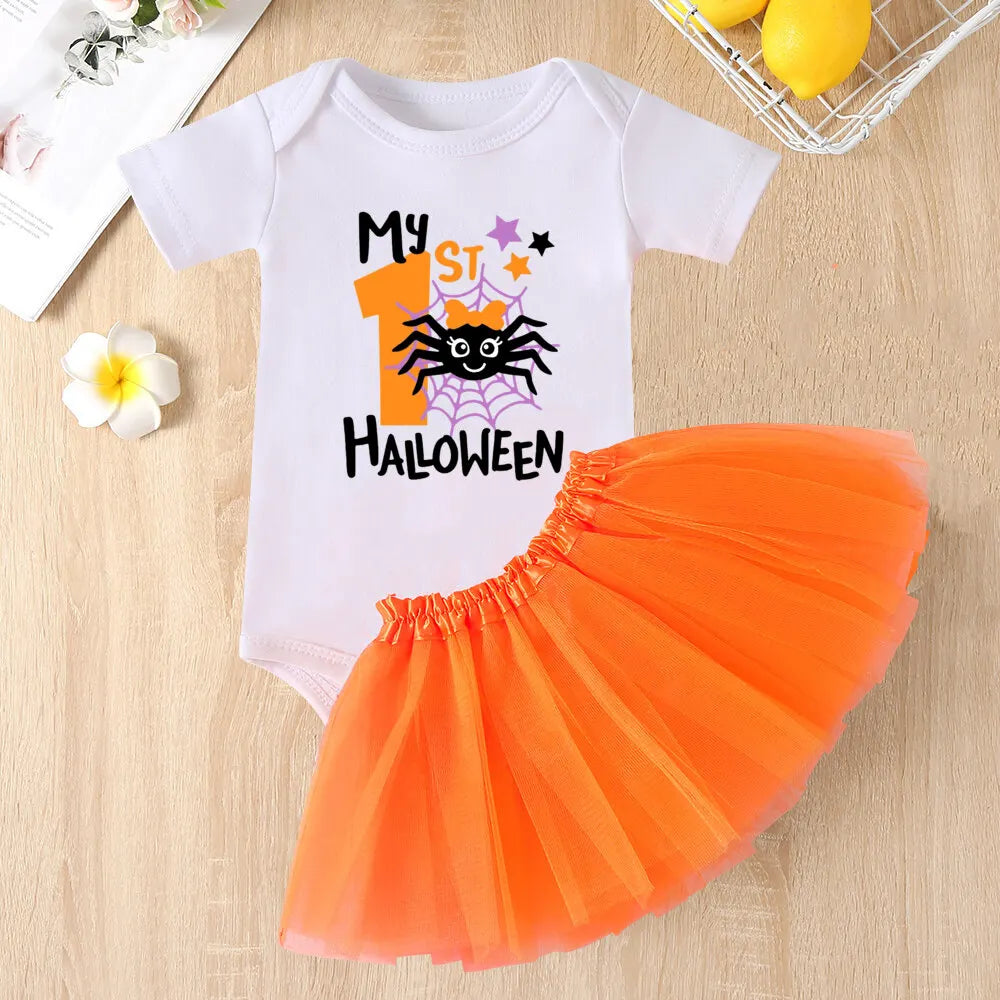 My 1st Halloween Print Baby Bodysuit Dress Set Halloween Party Girl Outfit Dresses Tutu Cake Smash Outfit Infant Baptism Clothes