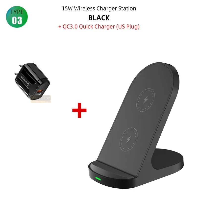 Fast Wireless Charger Stand Pad for iPhone 16 15 14 13 8 X Samsung Galaxy S24 S23 S21 S20 S10 Xiaomi Wireless Charging Station