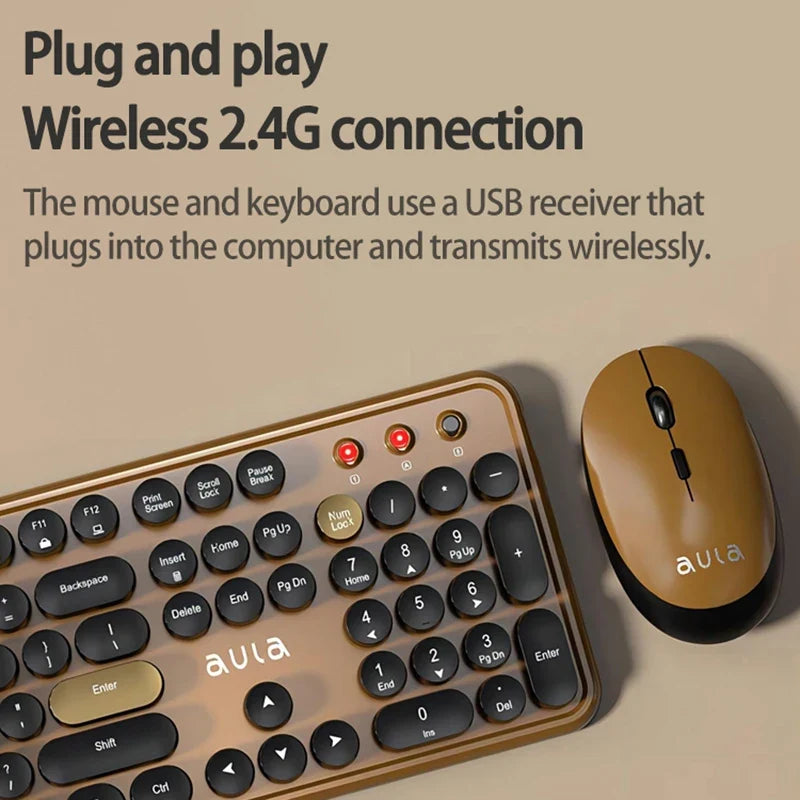 AULA AC306 Wireless Keyboard and Mouse  Combo Retro Round Key Cap Full-size 104-key Laptop for Office Entertainment