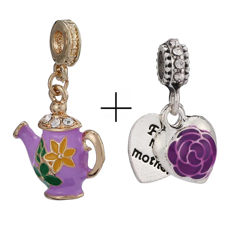 BRACE CODE 2Pcs/Lot Pan Spring New Purple Charm Love Floral Diy Beads Pendant Making Men's Women's Children's Fine Bracelets