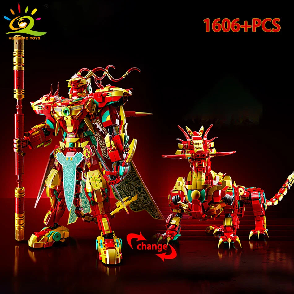 HUIQIBAO SunWuKong Warrior Mech Robot Building Blocks MOC Chinoiserie Action Figure Brick Children City Construction Display Toy