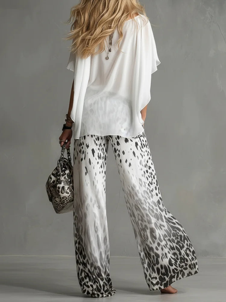 Summer Chiffon Outfits Female Matching Two Piece Set for Women White Bating Sleeve Top & Leopard Print Wide Leg Pant Streetwear