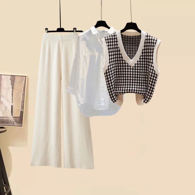 Fall Winter Knitwears 3 Pieces Set For Women Plaid Knitted Vest+solid Blouse+wide Leg Knitting Pants Sets Women Outfits 2024