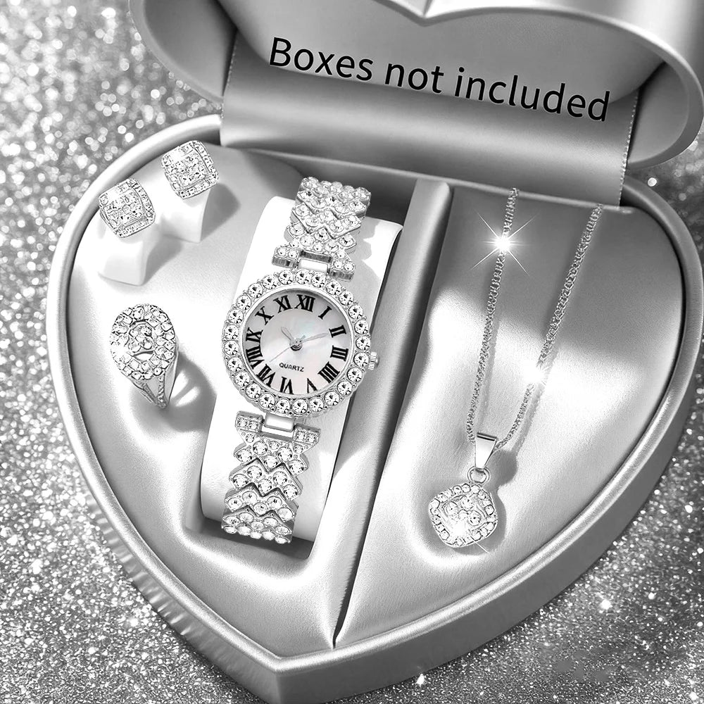 5pcs Elegant Rhinestone Women Watches, Fashion Roman Dial, Bracelet Band, Quartz Wristwatch Jewelry Set.