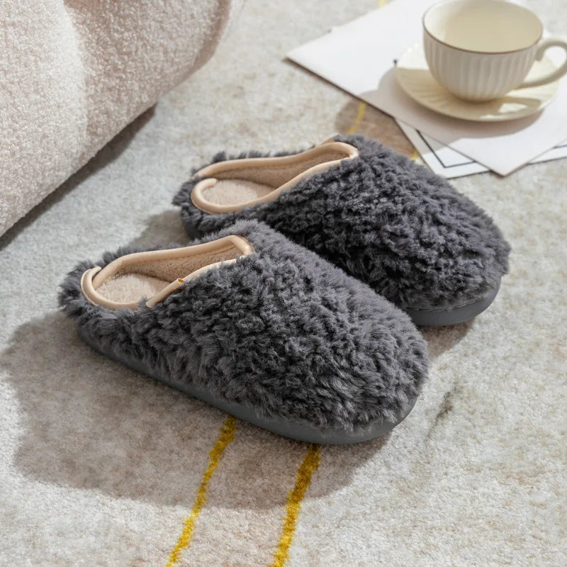 Japanese Simple Solid Color Home Slippers For Women Fluffy Winter Warm Indoor Bedroom Slides Female Furry Shoes