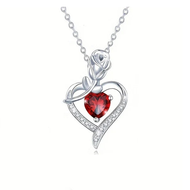 Luxury Red Zircon Heart Necklace With Rose Flower Gift Box For Girlfriend Birthday Valentine Gift  Romantic Accessories