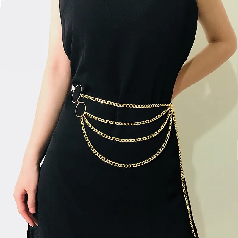 Fashion Round Brand Alloy Multi-Layer Exaggerated Body Chain 2023 New Women Queen Head Retro Street Snap Beam Party Waist Chain